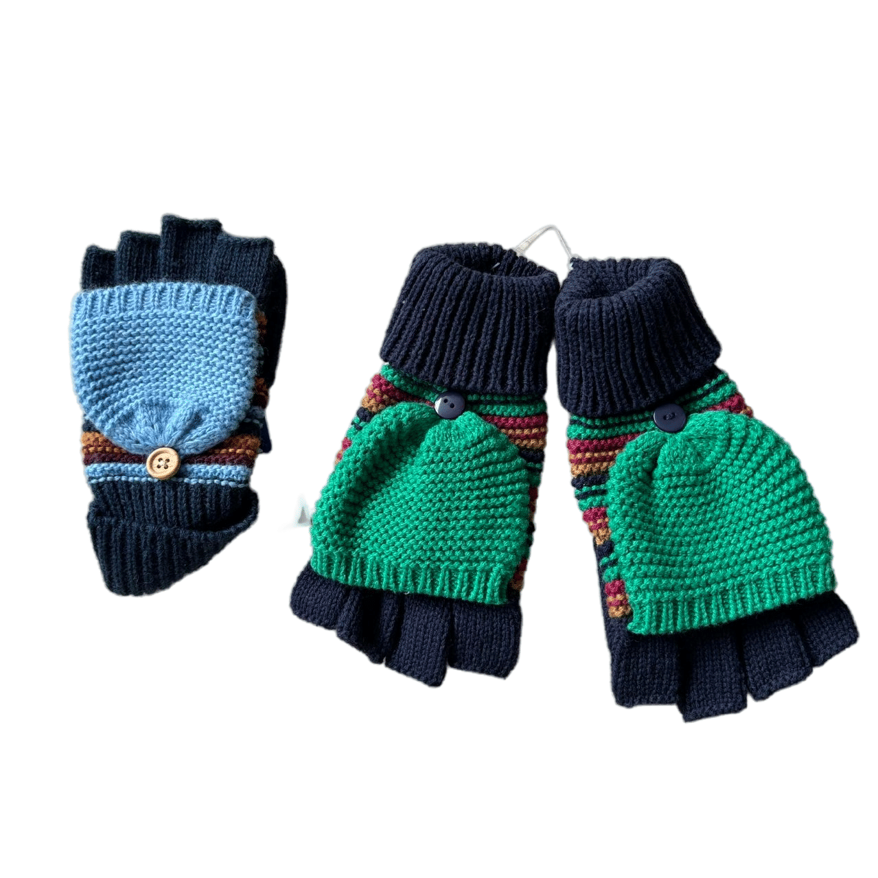 Convertible Striped Knit Gloves with Mitten Flap for Women Men Kids