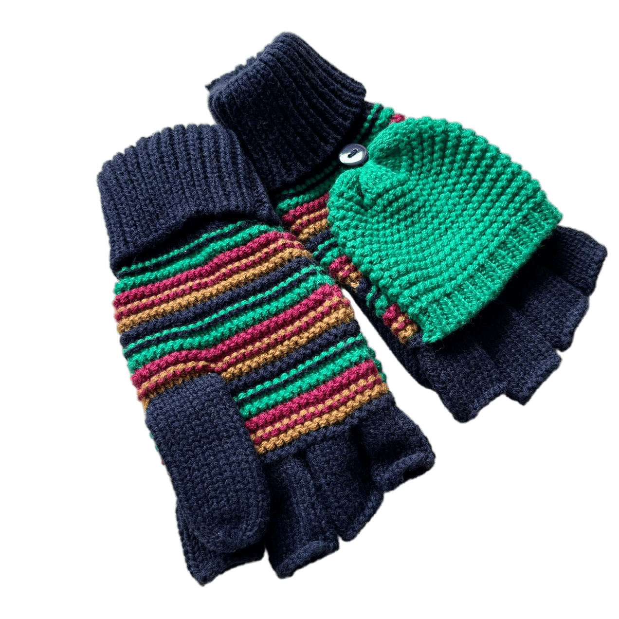 Convertible Striped Knit Gloves with Mitten Flap for Women Men Kids