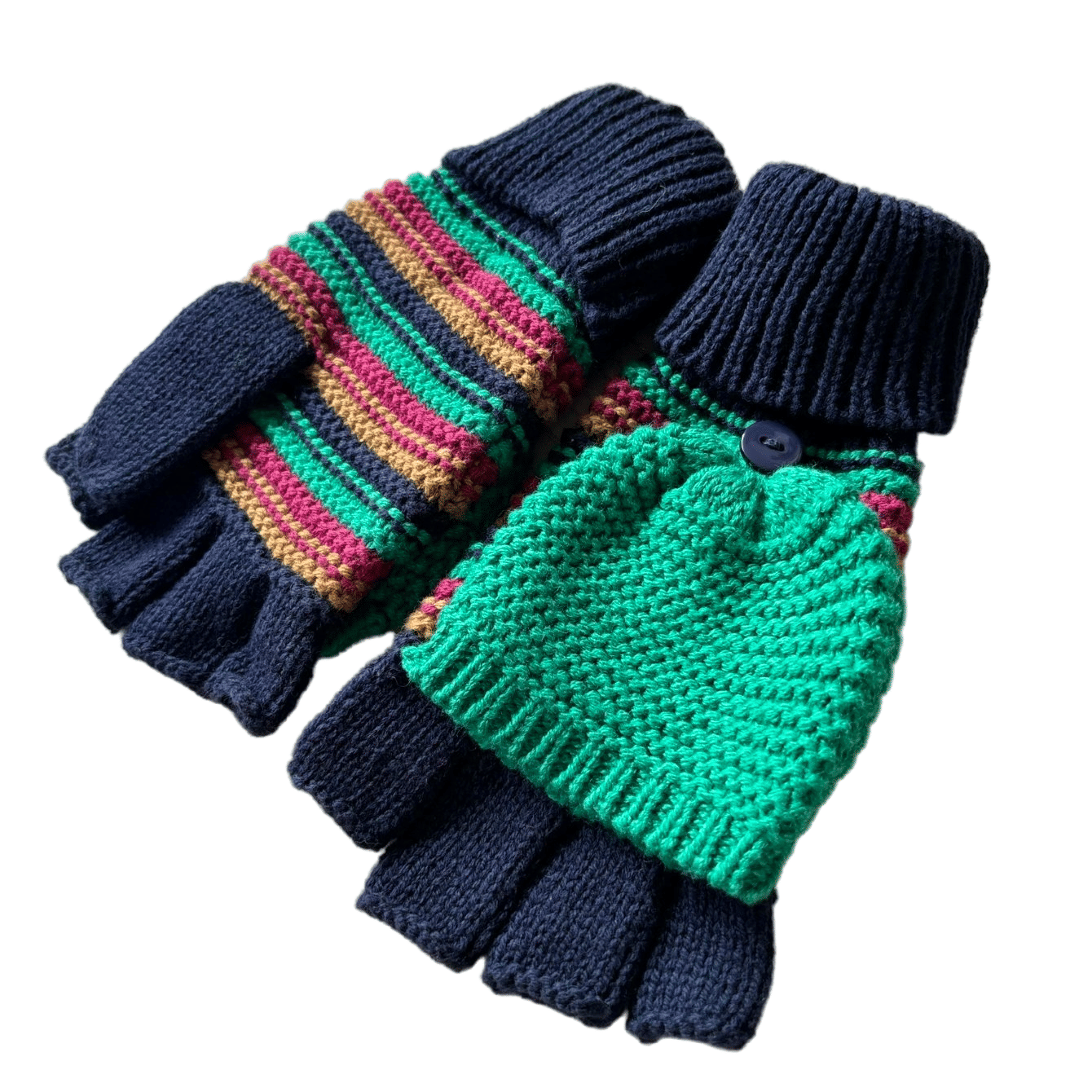 Convertible Striped Knit Gloves with Mitten Flap for Women Men Kids