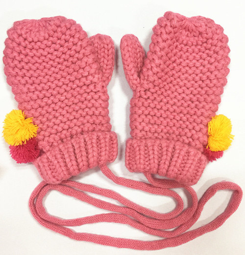 Cute Pink Knit Mittens for Kids with Anti-Lost String
