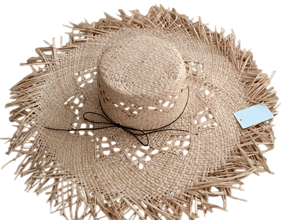 Artisanal Open Weave Straw Hat with Frayed Edges Summer Beach Accessory