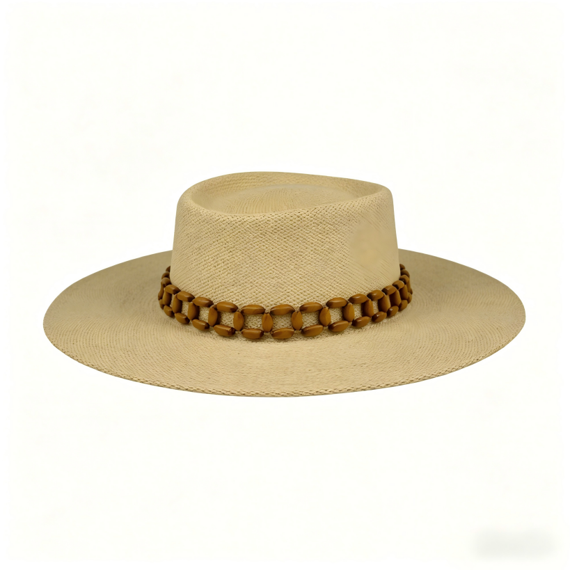 Boho Straw Sun Hat with Wooden Beaded Band