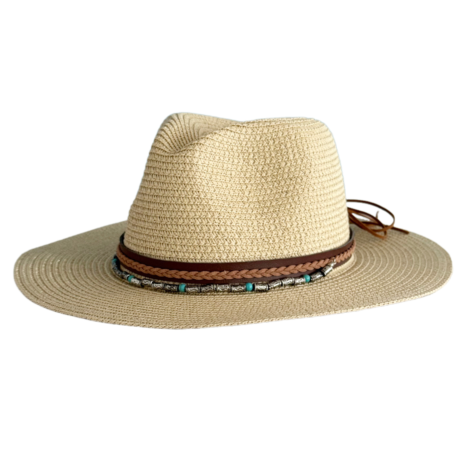 Bohemian Wide Brim Straw Fedora Turquoise Beaded Western Panama Sun Hat