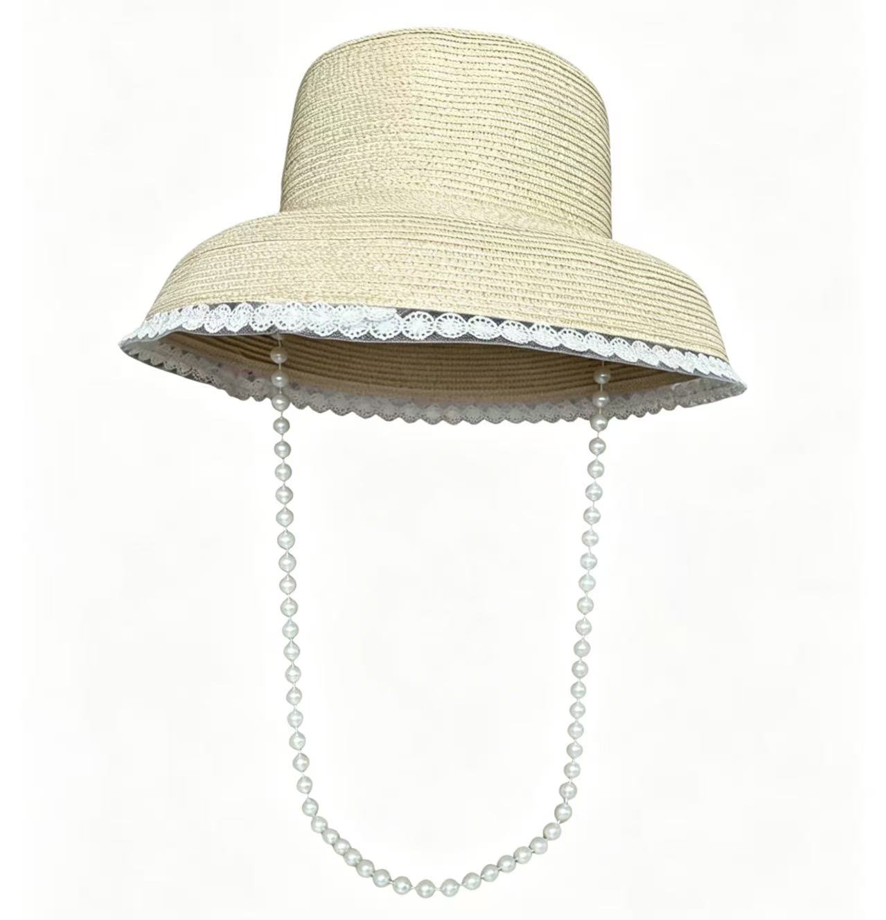 Vintage Style Straw Sun Hat with Lace Edge & Pearl Chin Strap for Summer Beach