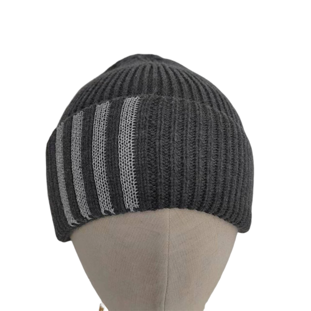 Dark Grey White Stripe Beanie Cuffed Warm Winter Hat for Unisex