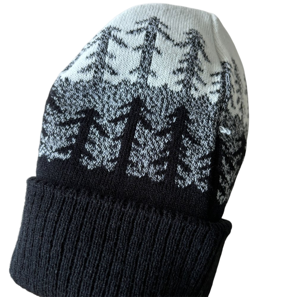 Woodland Pine Tree Pattern Knit Beanie Cuffed Hat for Outdoor Adventures