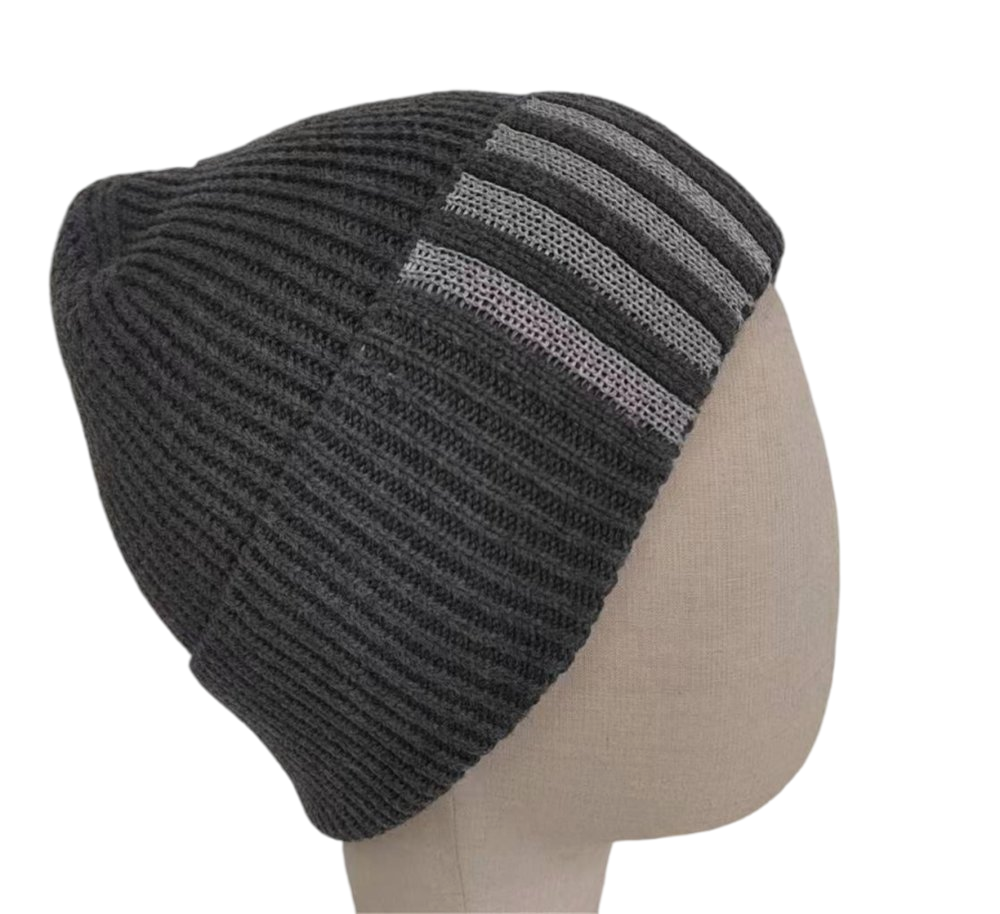 Dark Grey White Stripe Beanie Cuffed Warm Winter Hat for Unisex