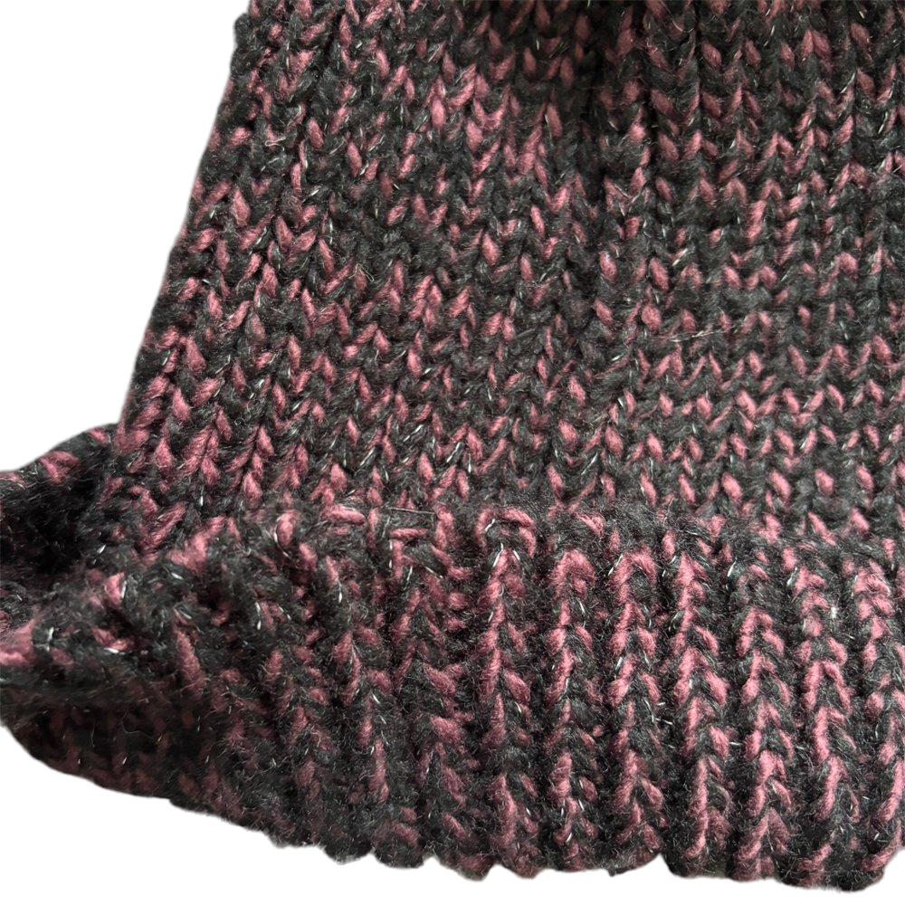 Winter Burgundy Black Knit Beanie with Pom Pom
