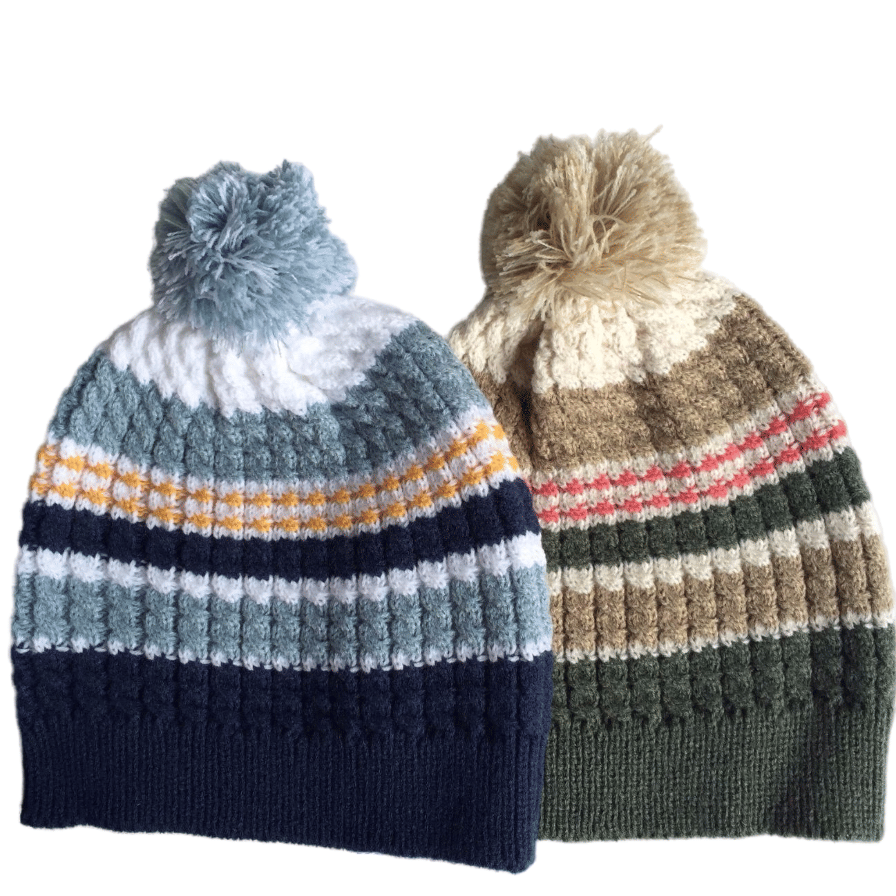 Color Block Knit Beanie with Pom Pom Striped Cuffed Winter Hat