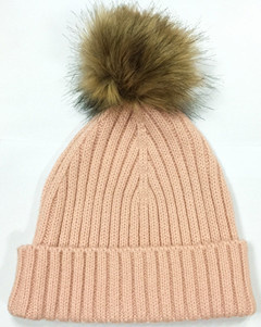 Blush Pink Ribbed Knit Beanie with Faux Fur Pom Pom