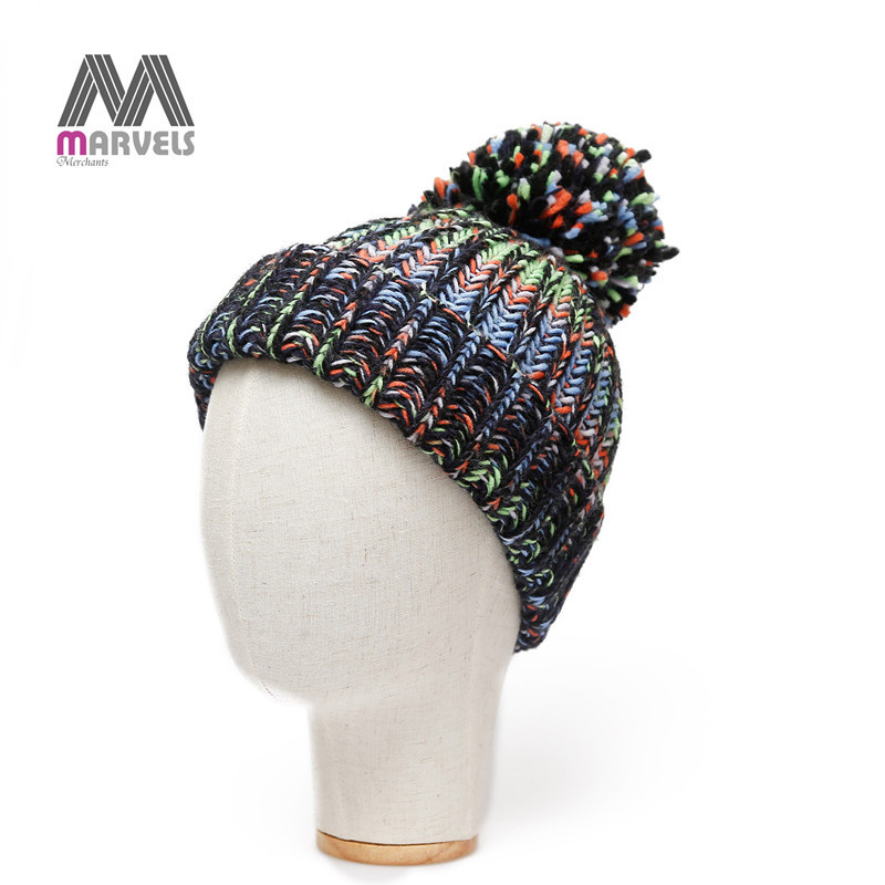 Multicolor Confetti Knit Beanie Hat with Pom Pom
