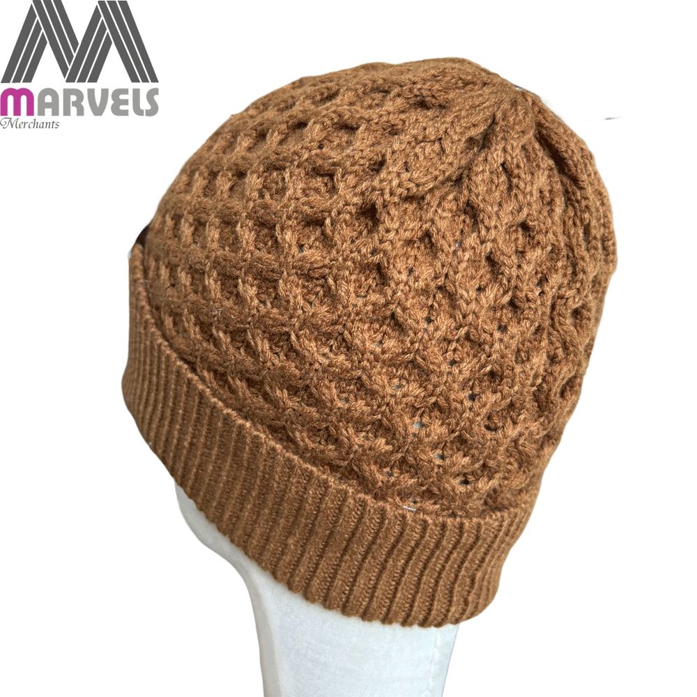 Unisex Brown Lattice Knit Cuffed Beanie