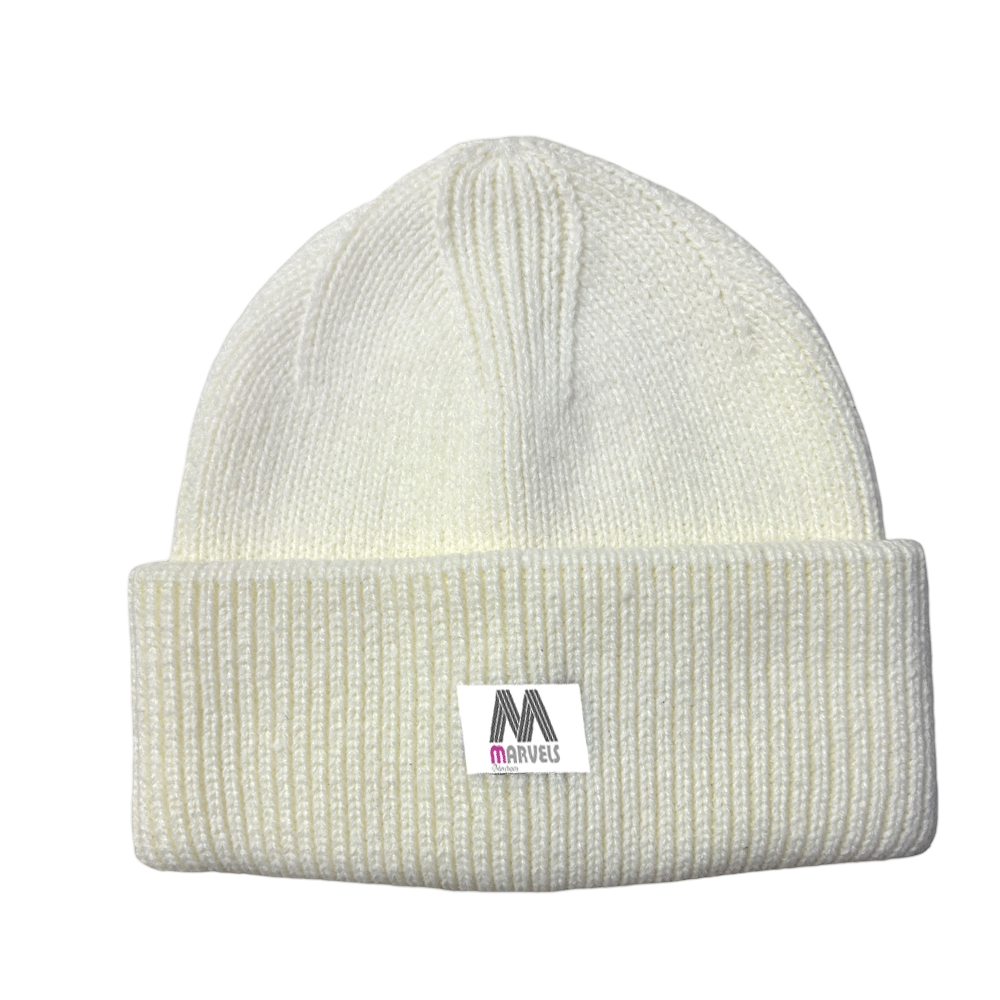 White Ribbed Knit Beanie Hat Unisex Cuffed Winter Beanie