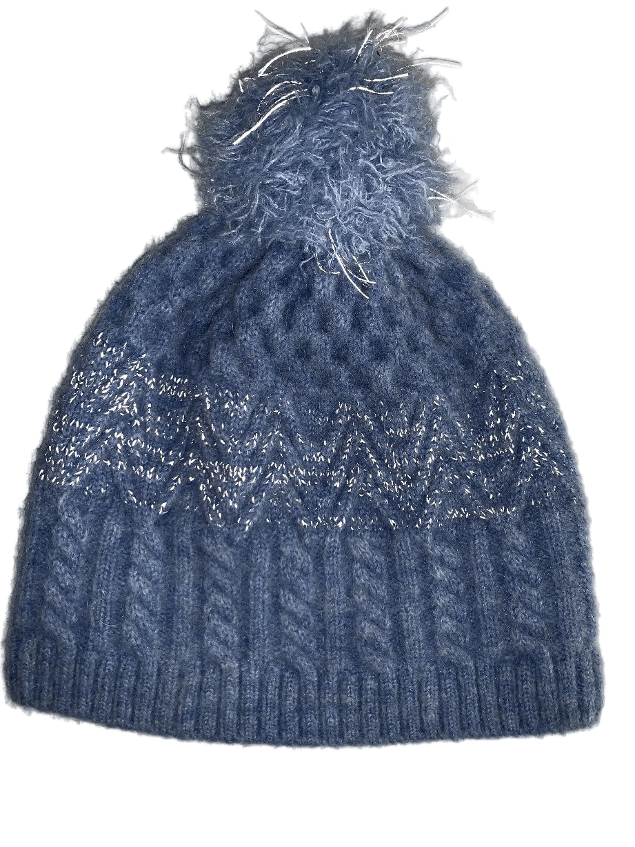 Blue Cable Knit Pom Pom Beanie with Silver Thread