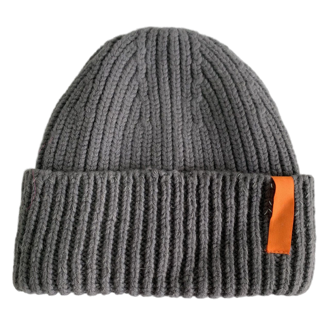 Dark Grey Ribbed Knit Beanie Hat with Orange Customized Tag