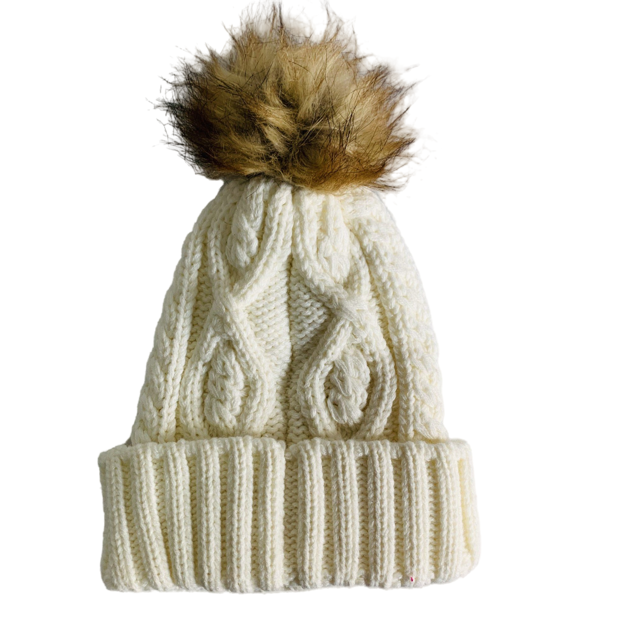 Trendy Cream White Cable Knit Pom Pom Beanie