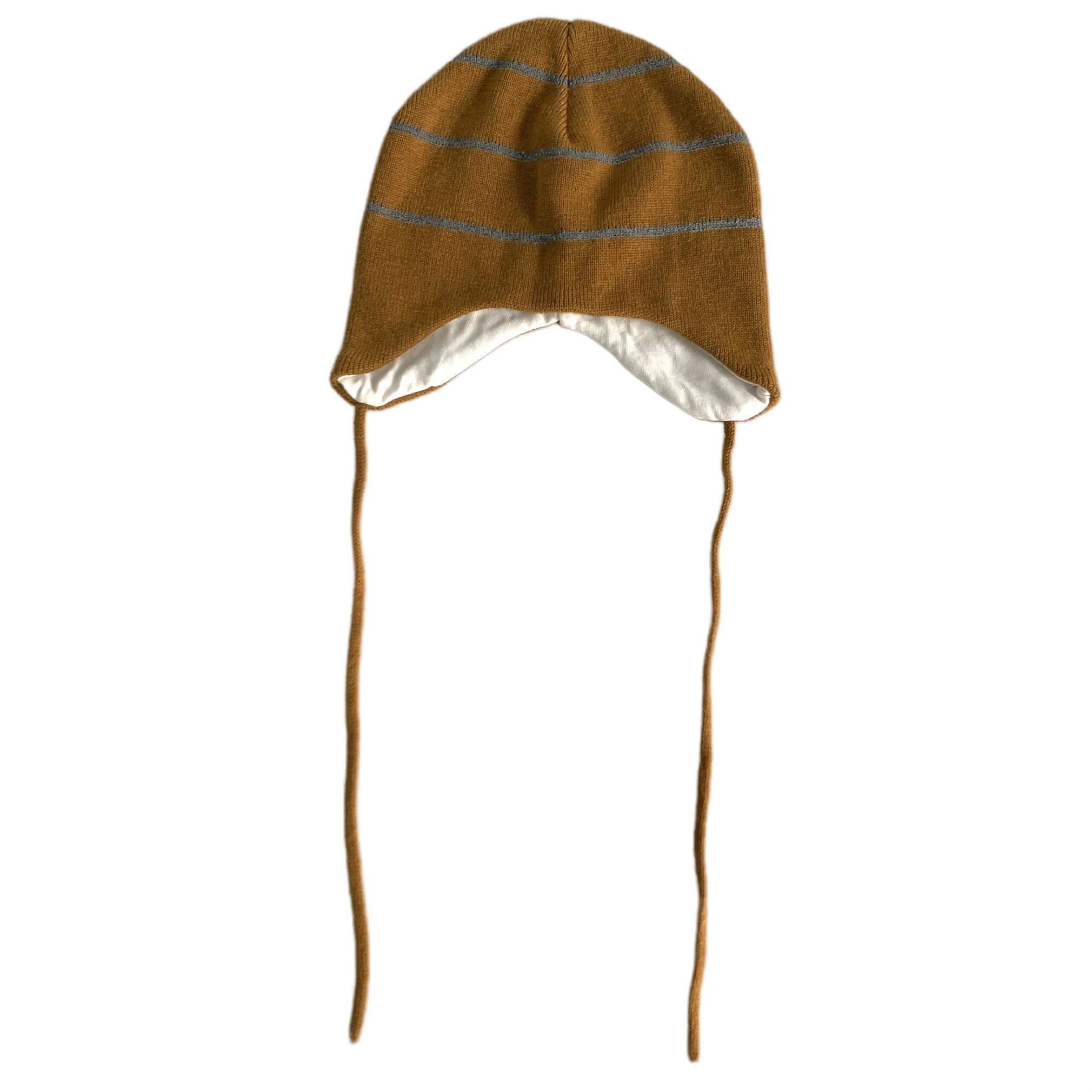 Caramel & Gray Striped Baby Earflap Hat Knit Beanie