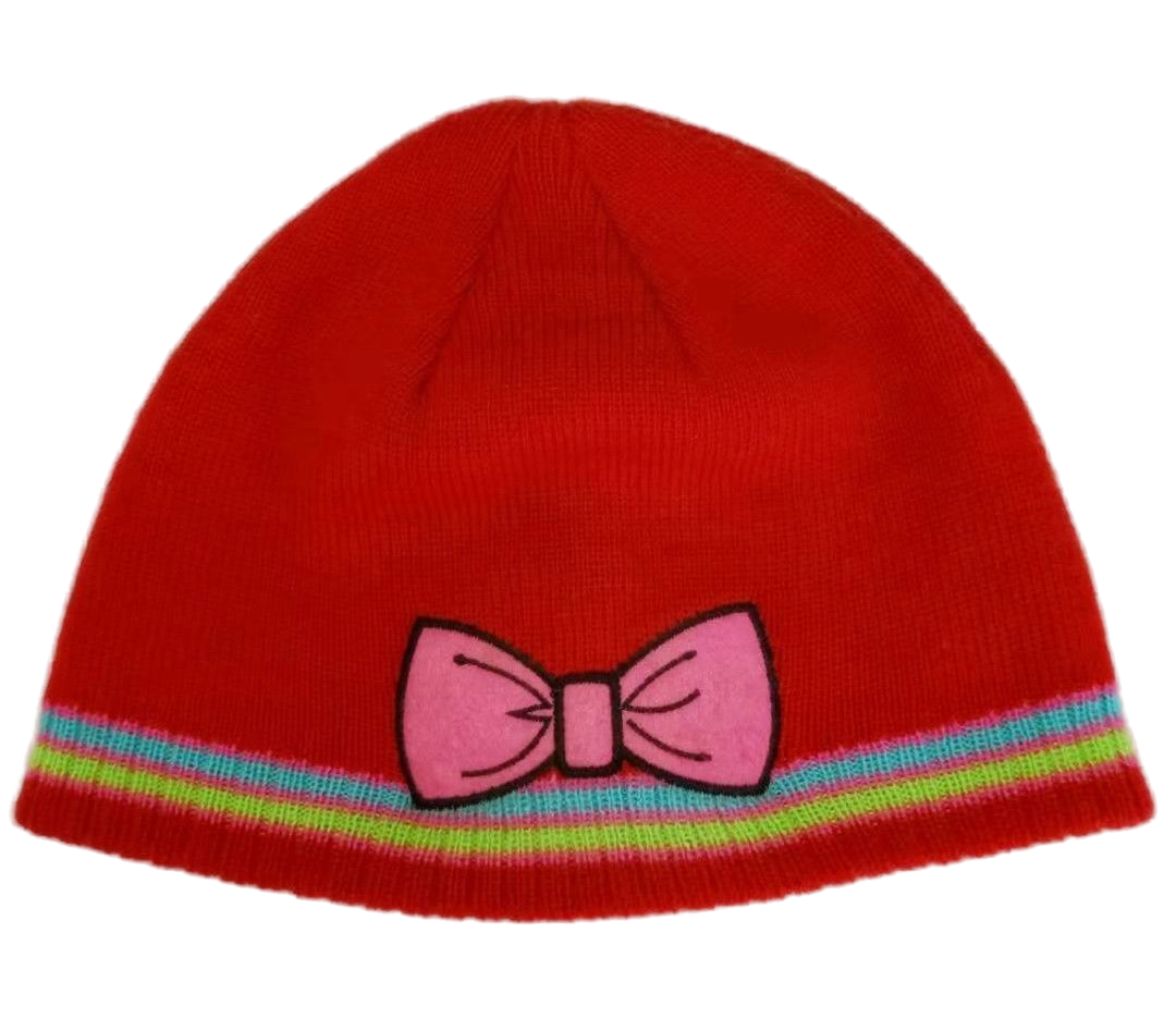 Kids Red Knit Beanie with Pink Bow Print