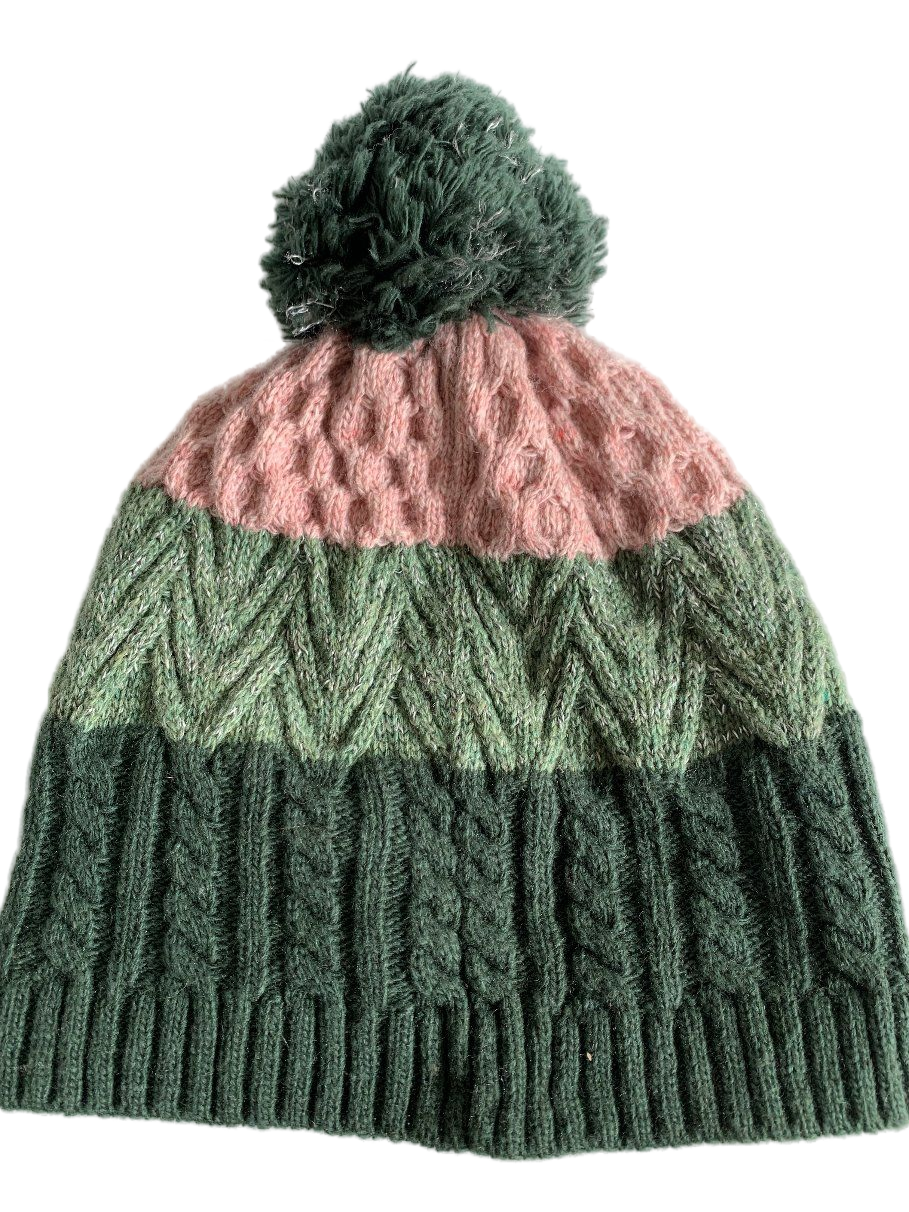 Pink Green Ombre Color Block Knit Pom Pom Beanie