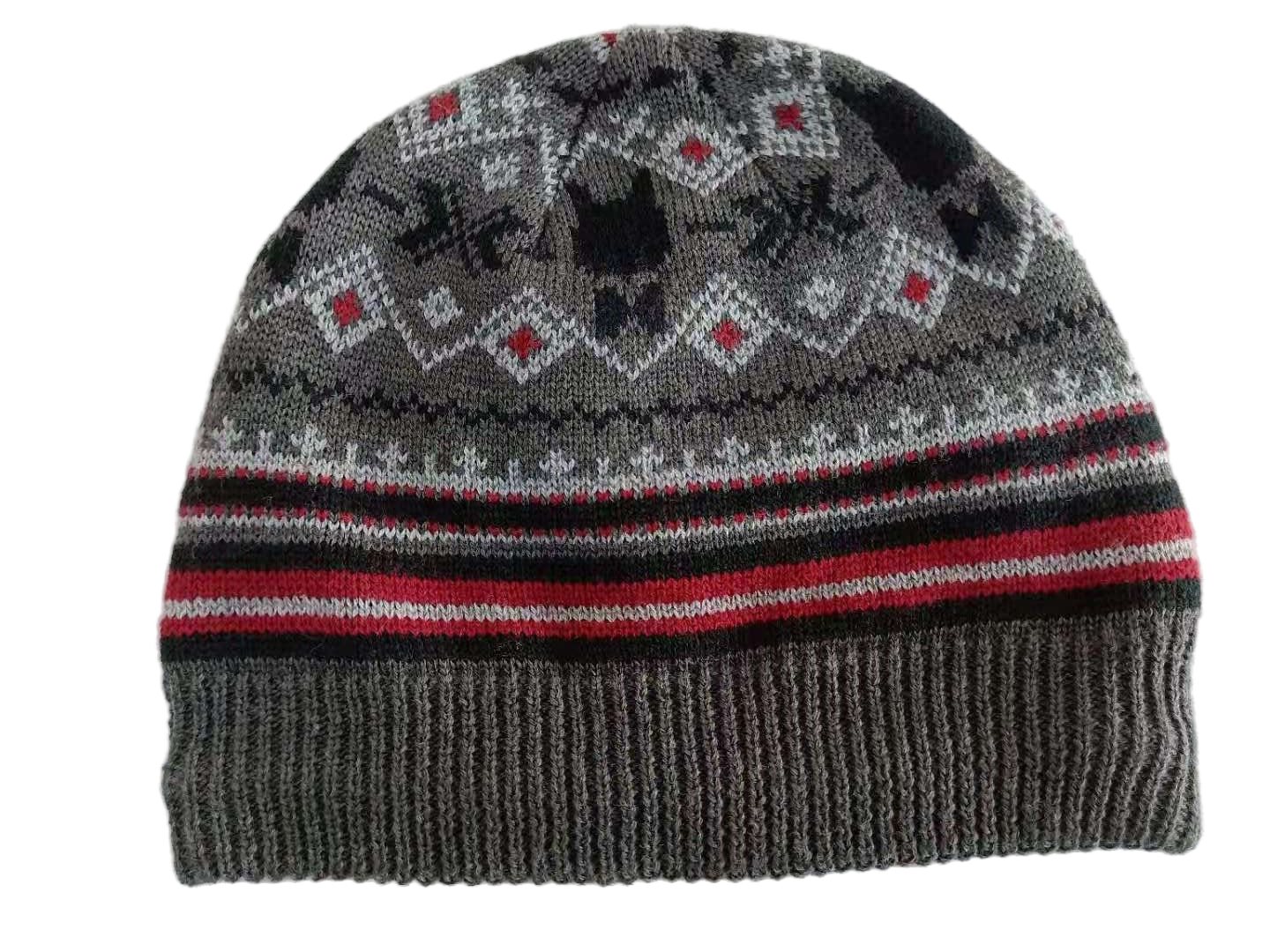 Classic Fair Isle Knit Beanie Gray Heather Nordic Pattern Winter Hat