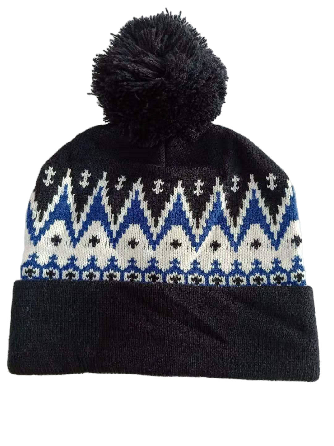 Fair Isle Knit Beanie Hat with Large Pom Pom