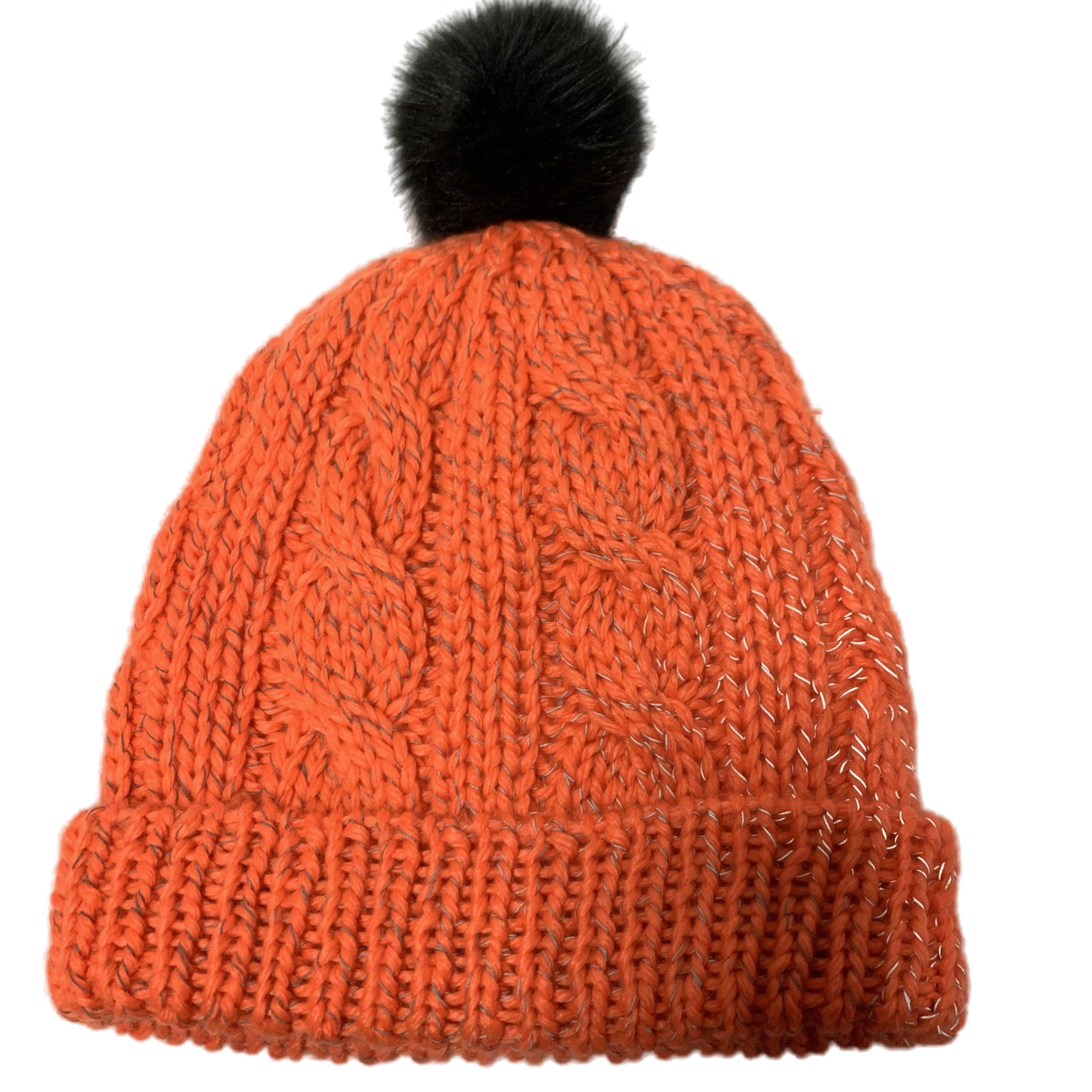 Orange Reflective Cable Knit Pom Pom Beanie Hat