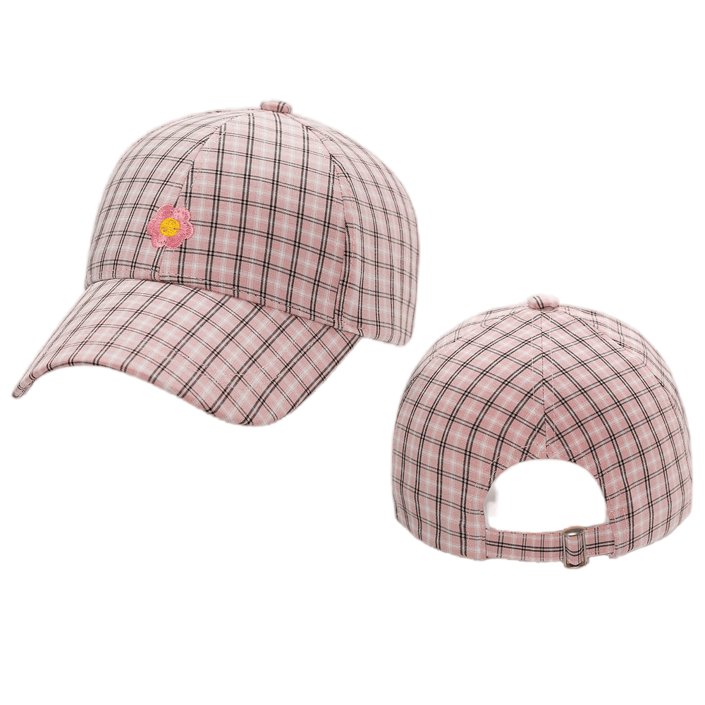 Pink Plaid Baseball Cap with Flower Embroidery