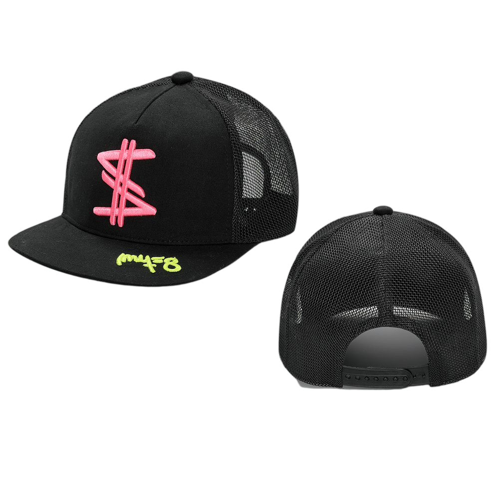 Black Mesh Back Snapback Hat with Pink Dollar Sign Embroidery