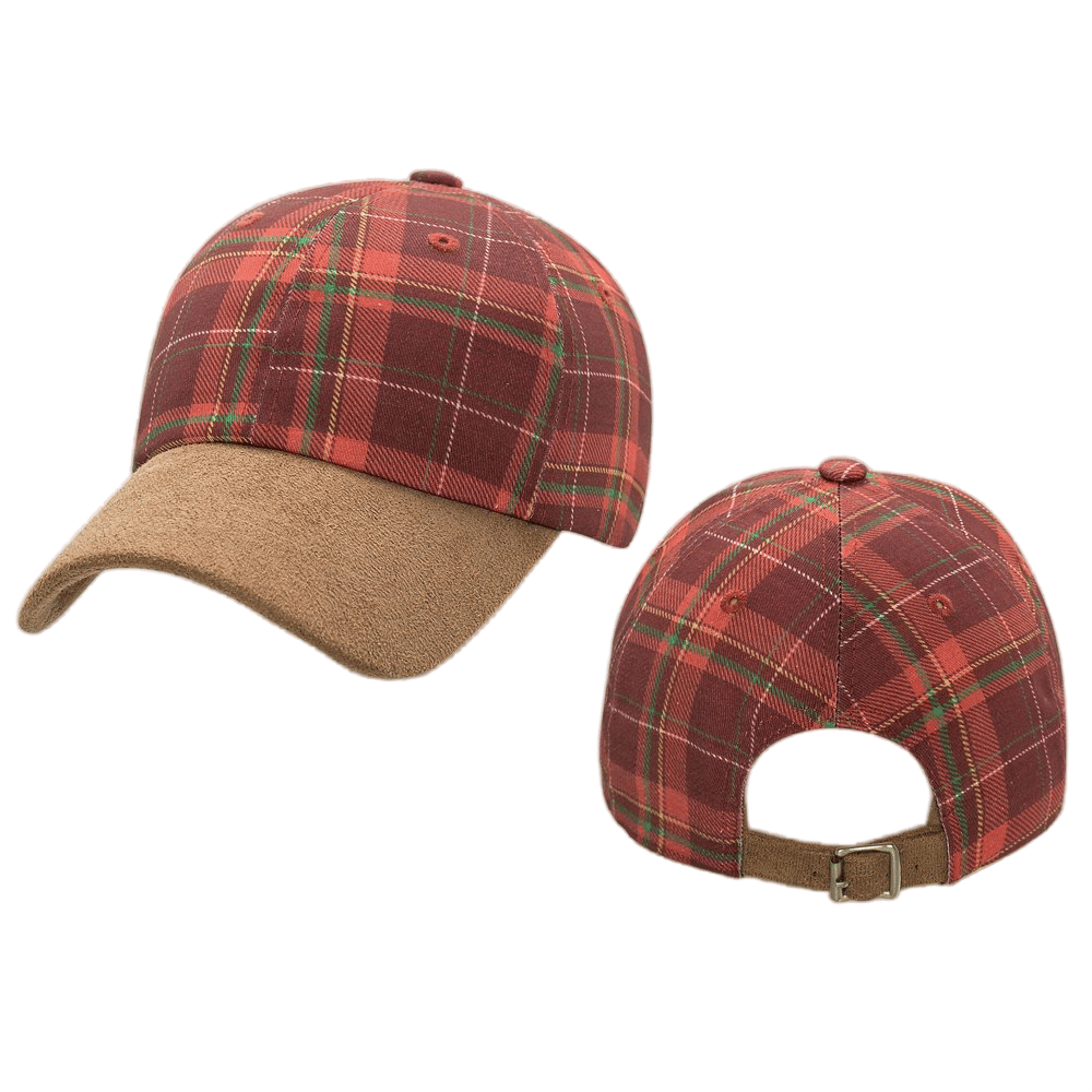Red Plaid Baseball Cap with Faux Suede Brim