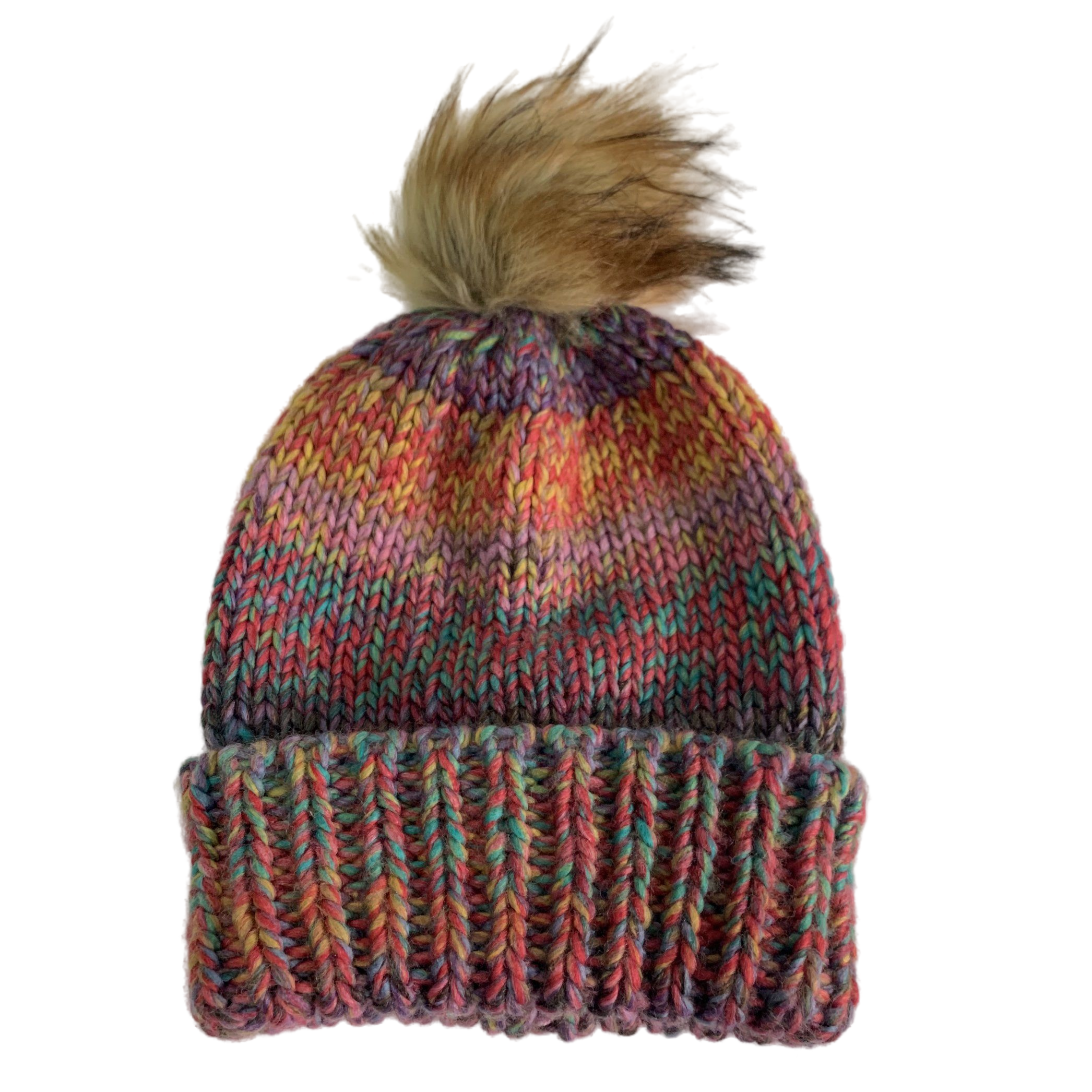 Rainbow Gradient Knit Beanie Hat with Faux Fur Pom Pom