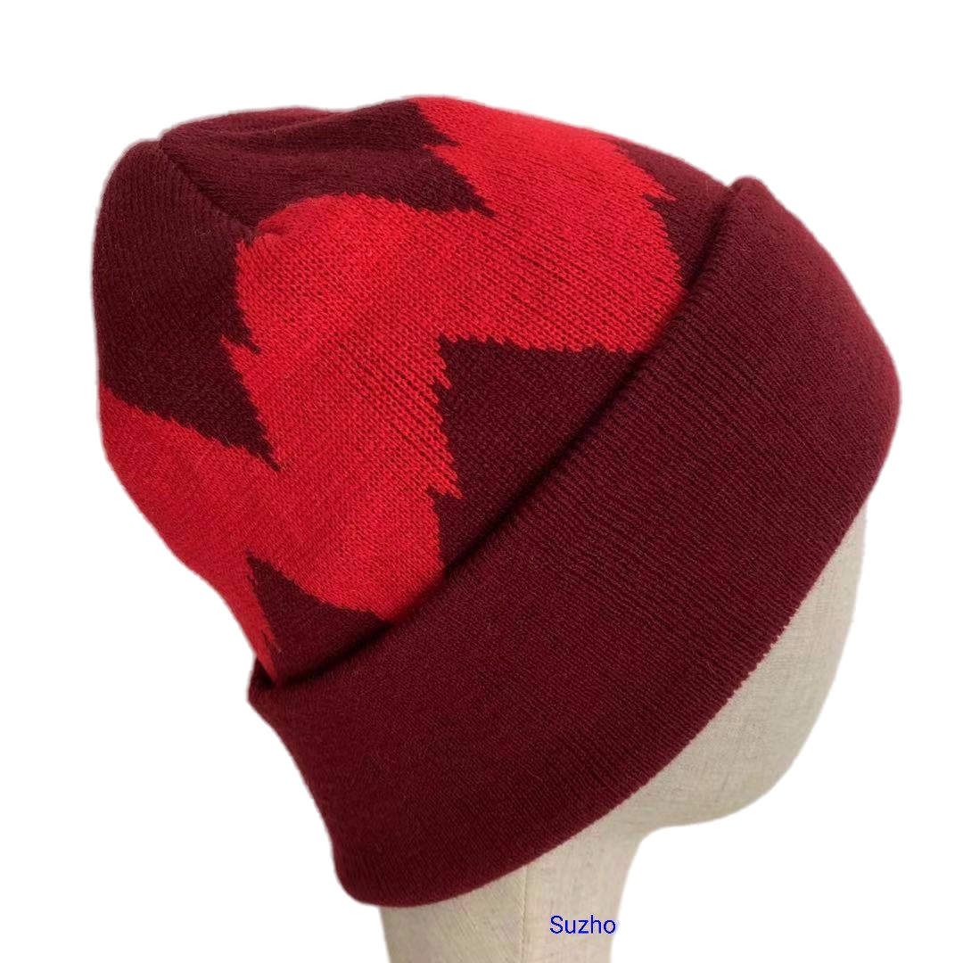 Burgundy Red Zigzag Pattern Cuffed Winter Hat