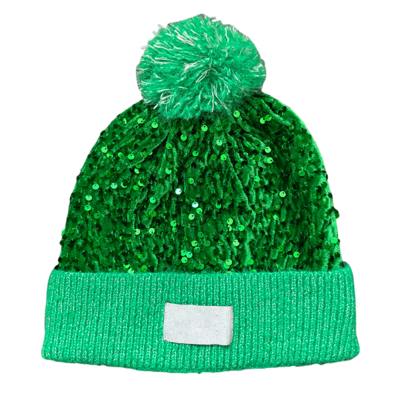 Green Sequin Beanie Hat with Pom Pom Sparkly Knit Cuffed Winter Hat