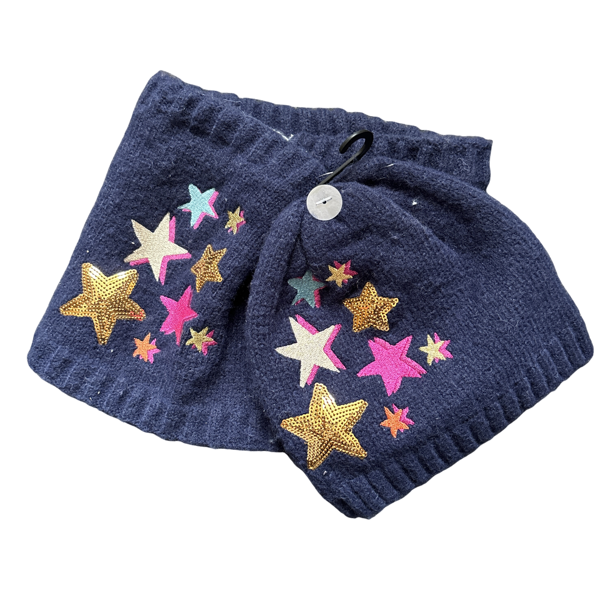 Kids Navy Knit Beanie Hat & Neck Warmer Set with Sequin Stars