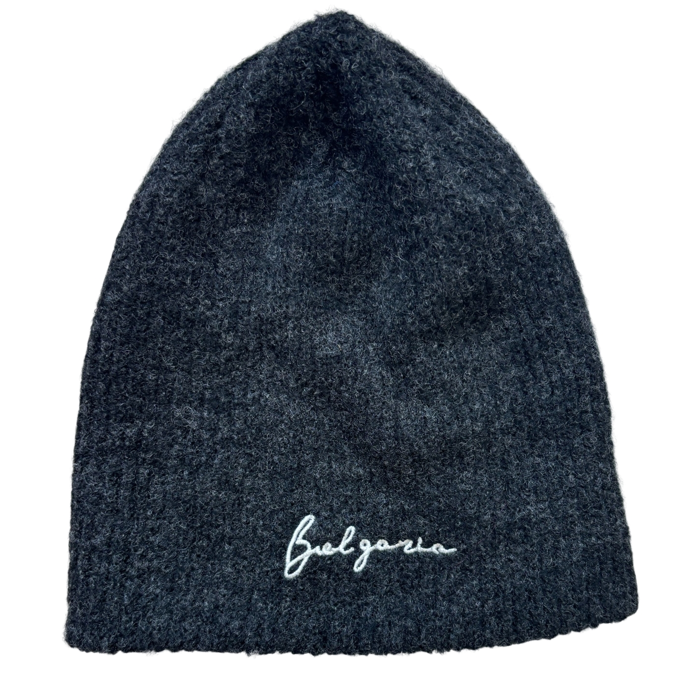 Dark Grey Boucle Knit Beanie Hat with Embroidered 