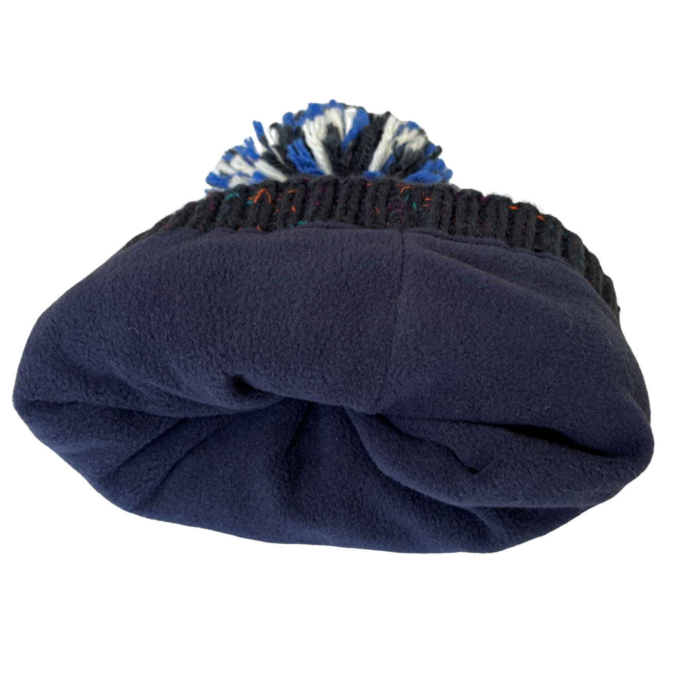 Blue White Black Color Block Cable Knit Beanie with Pom Pom