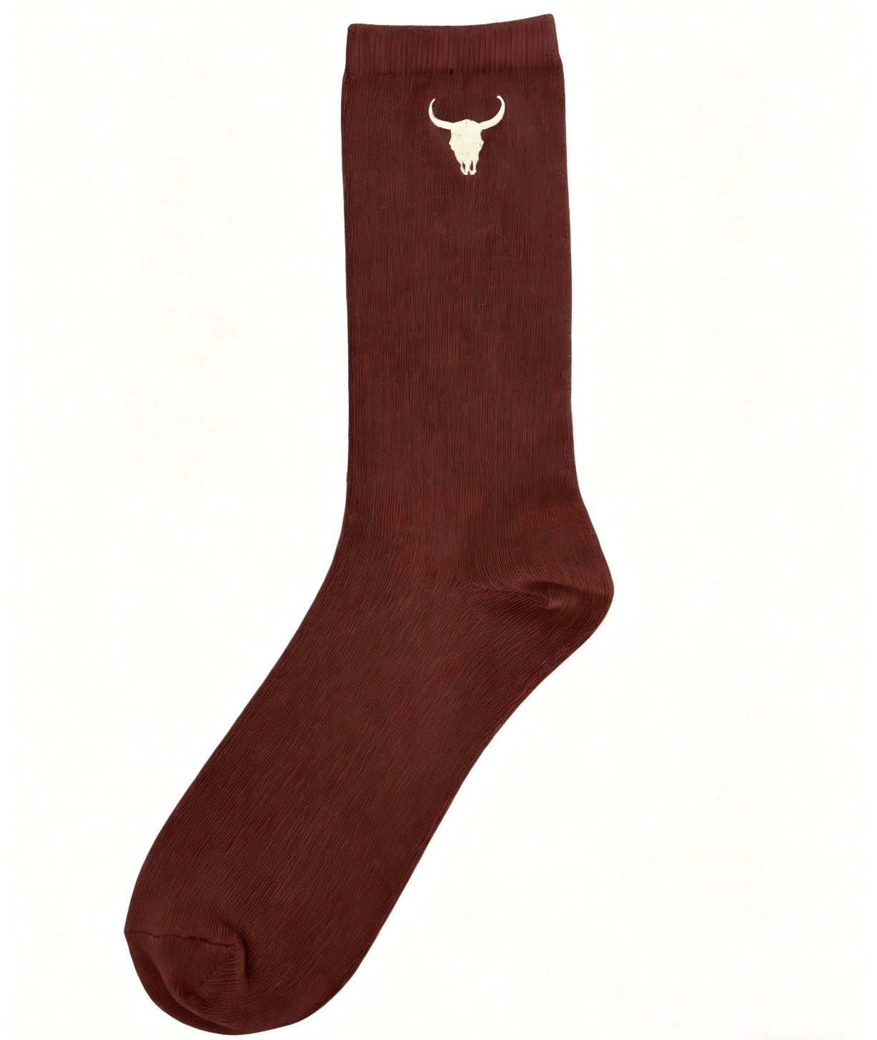 Men's Brown Crew Socks with Bull Skull Embroidery