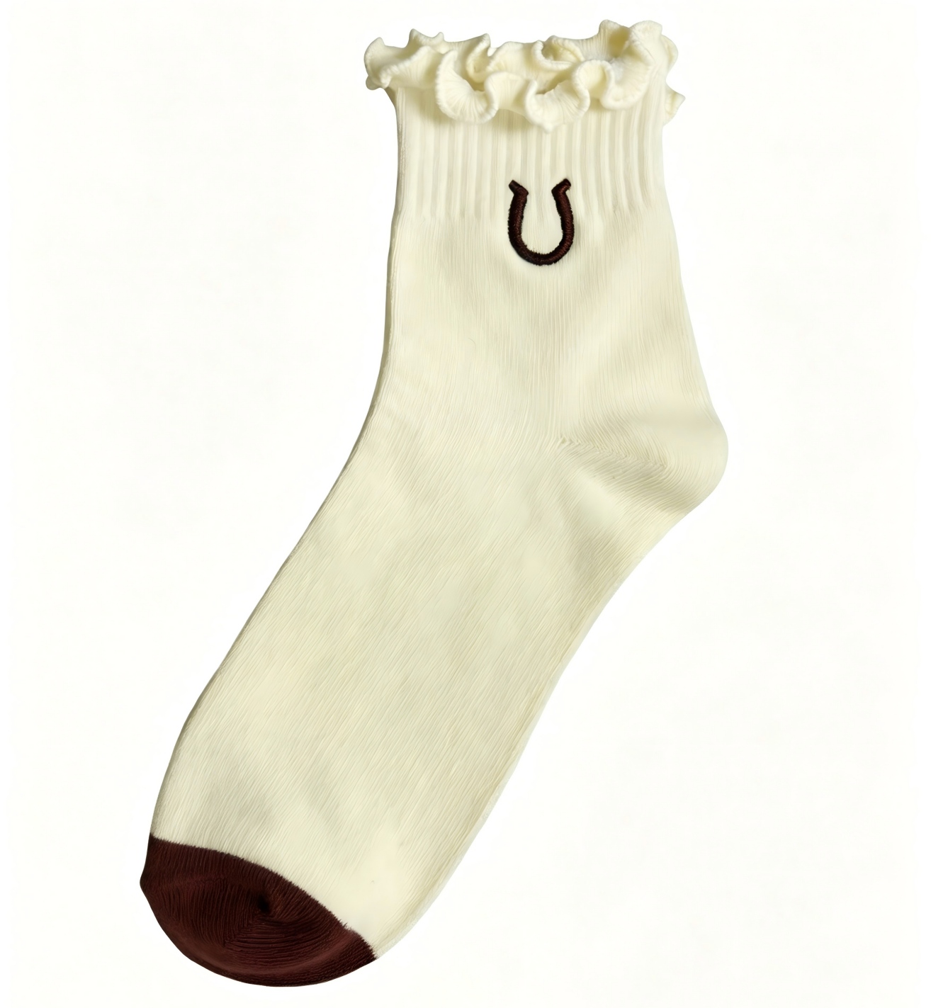 Beige with Brown Horseshoe Embroidery Ruffle Crew Socks