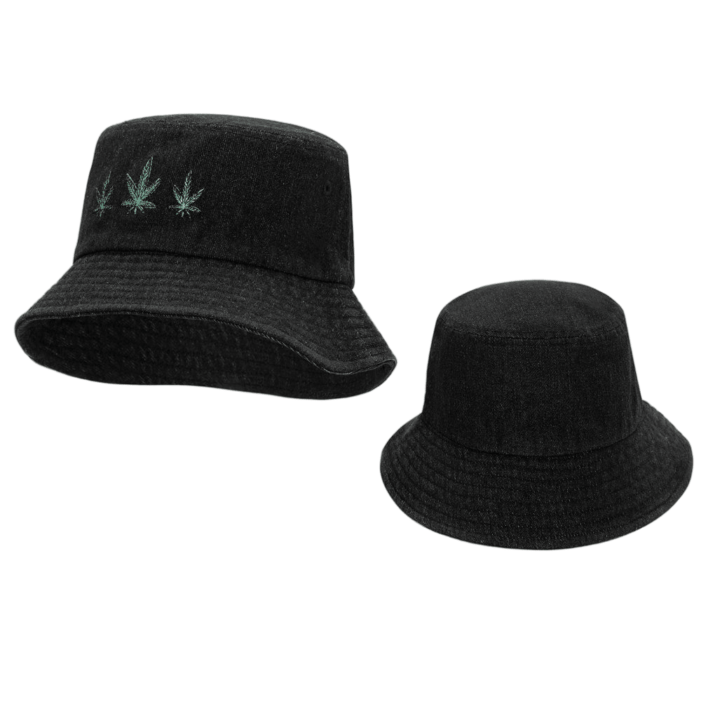 Black Denim Bucket Hat with Green Leaf Embroidery