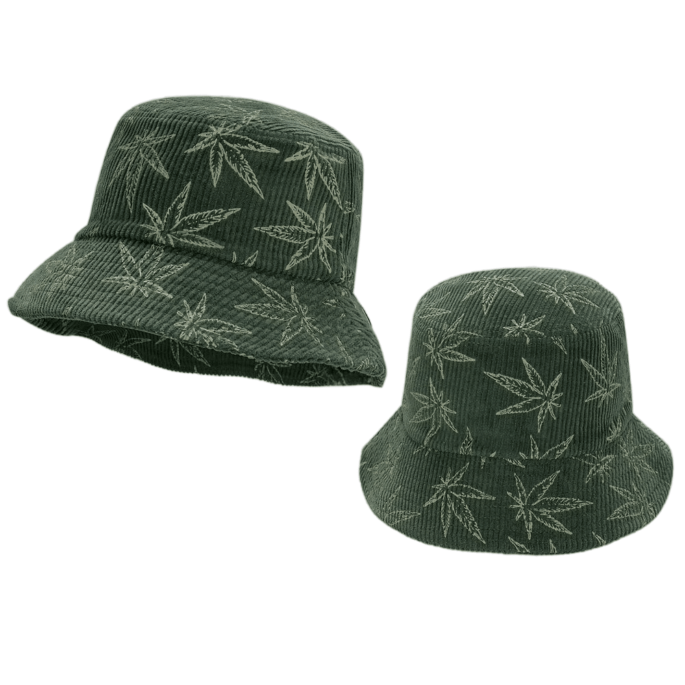 Green Corduroy Bucket Hat with Leaf Print